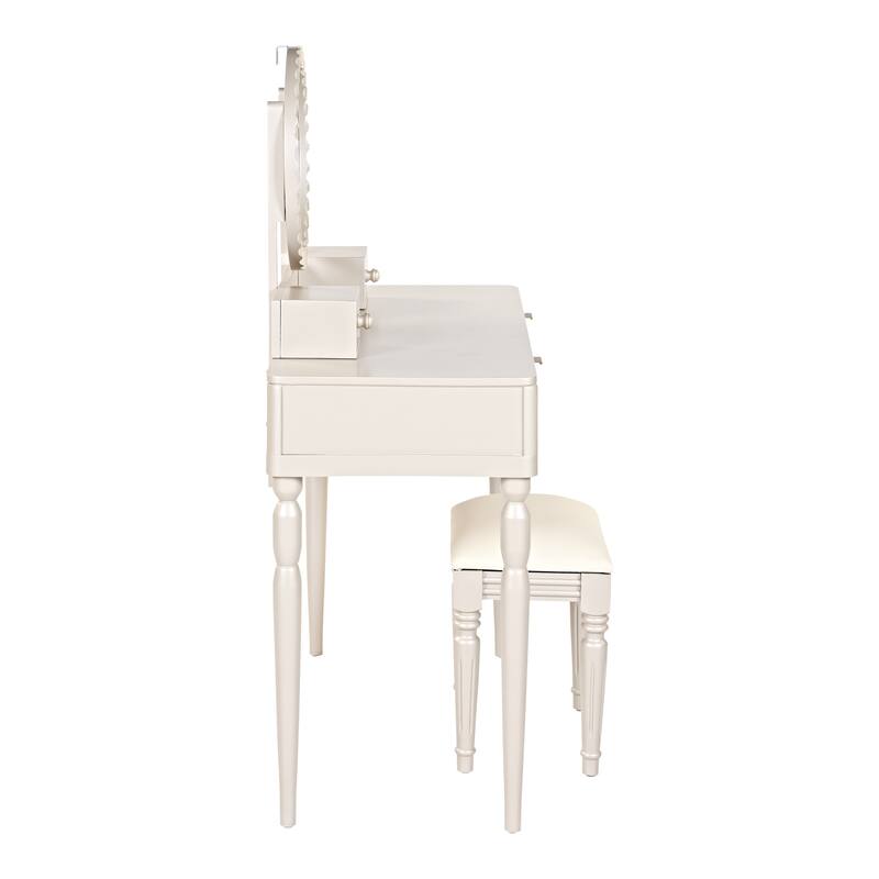 Vanity Desk with Adjustable Round Mirror, Wooden Dressing Table Set, Makeup Vanity Table with 4 Drawers & Cushioned Stool