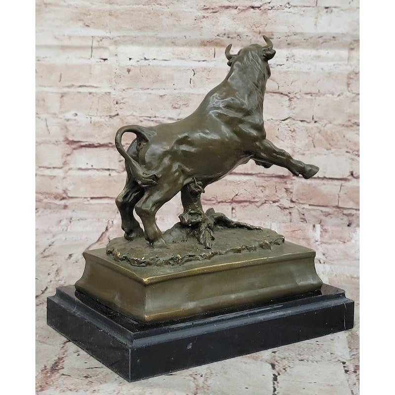 Charging Rearing Imitative Bull Bronze Sculpture On Marble Base Signed Milo