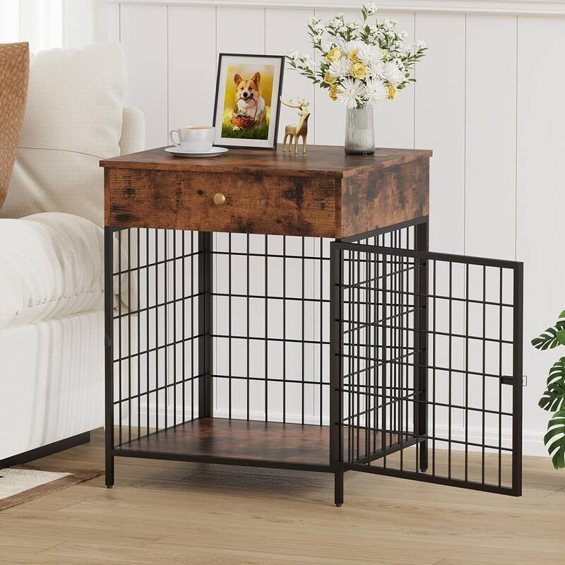 Small Dog Crate End Table,Dog Kennel End Table with Storage Drawer - Brown