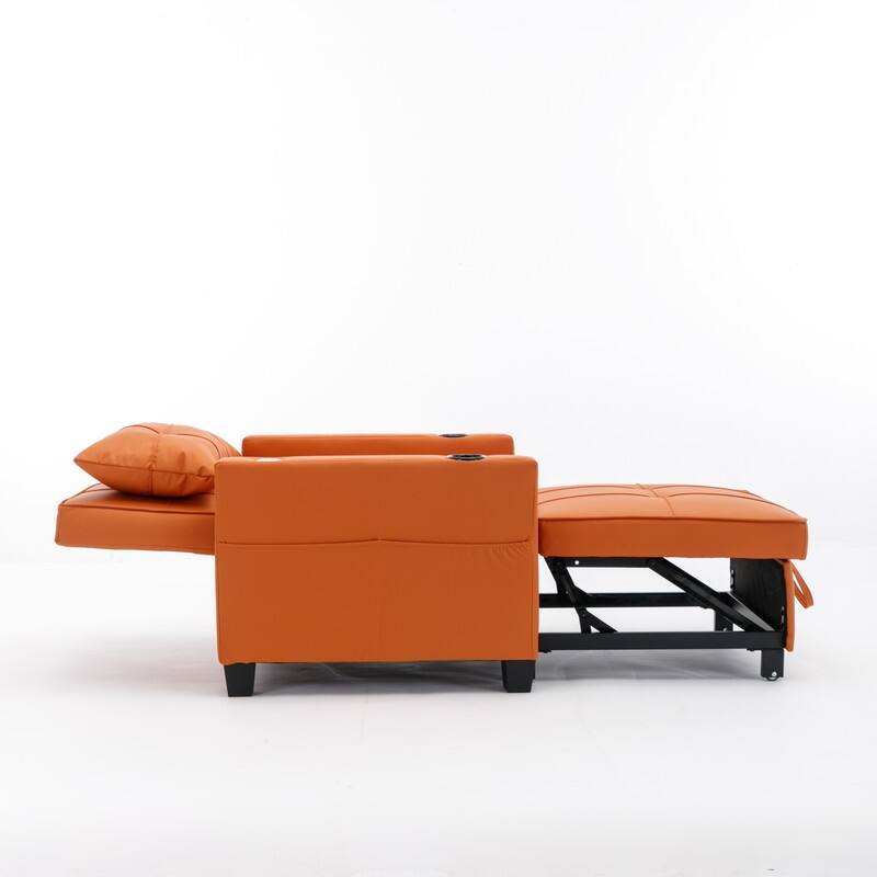 3-in-1 Convertible Sofa Chair,Pull Out Sleeper Chair with USB Ports and Cup Holders（Leather）