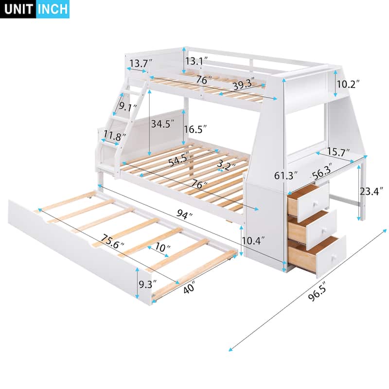 Roomfitters Twin over Full Bunk Bed with Pull-Out Trundle and Built-In Desk, Three Storage Drawers and Shelf
