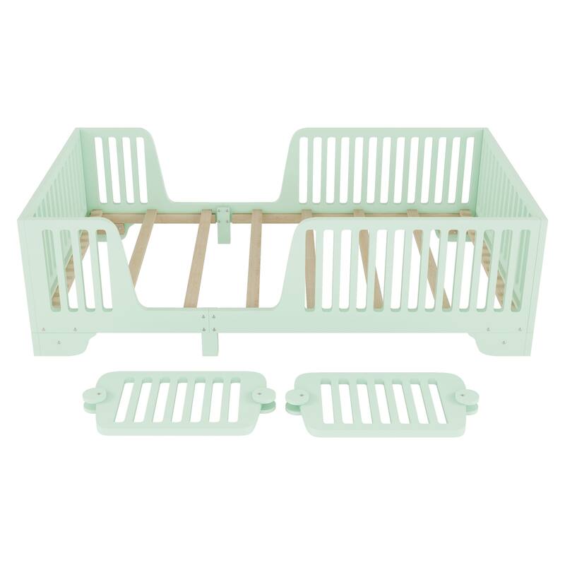 Montessori Floor Bed with Detachable Door, No Box Spring Needed, Kids Platform Bed with Slats and Fence