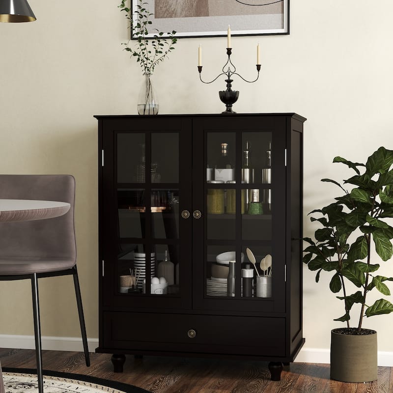 A Minimalist Buffet Cabinet with Double Glass Doors and a Drawer, Offering Modern Wooden Storage Solutions . - Black
