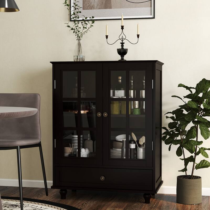 Accent Cabinet with Glass Doors and Drawers, Wooden Buffet and Sideboard Cupboard with Storage