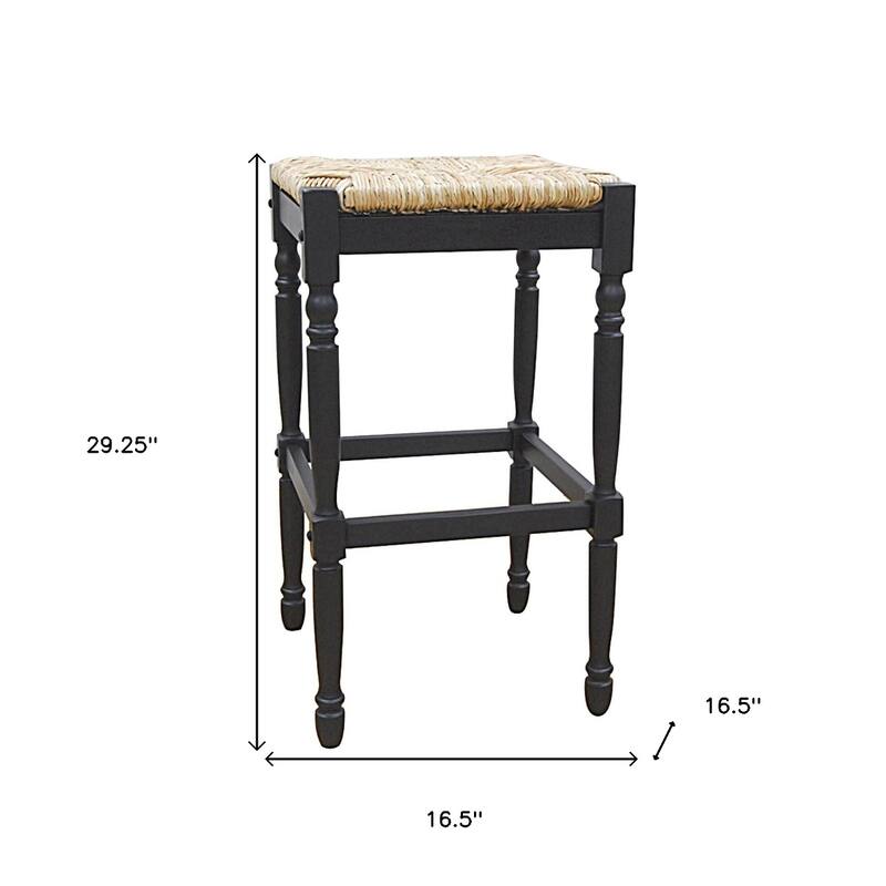 Solid Wood Rush Seat Backless Counter Height Stool with Footrest