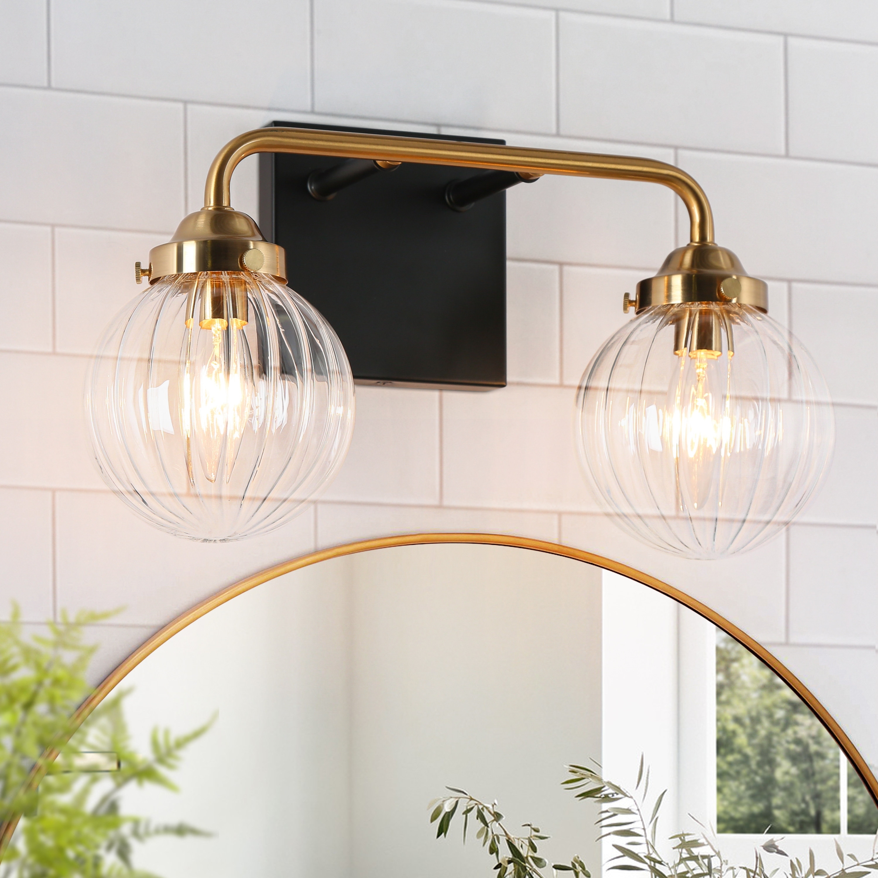 Modern 2-Light Black Gold Bathroom Vanity Light Ribbed Glass Wall Sconce