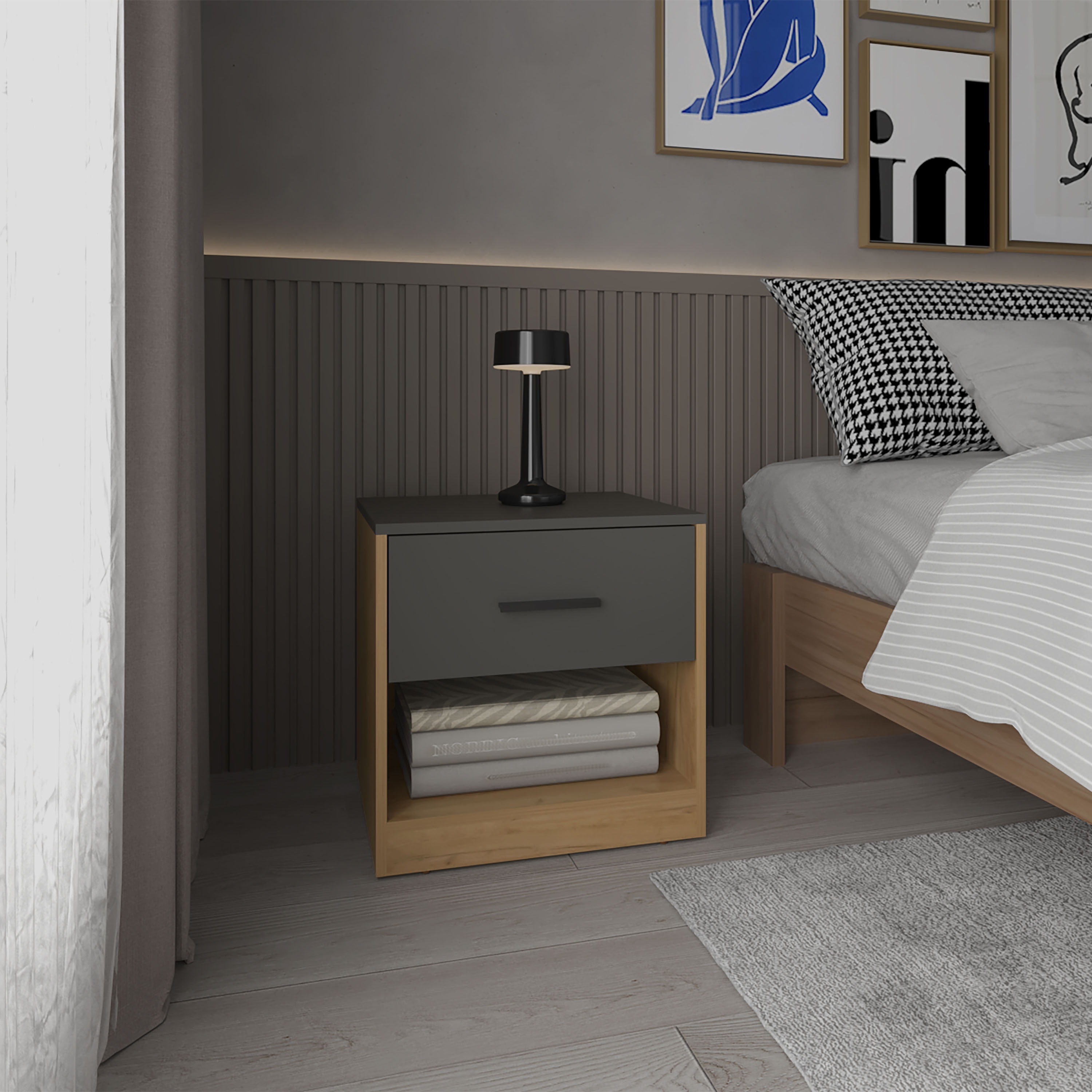 Modern One Drawer Nightstand with Open Shelf, Natural Oak and Matt Gray Finish - Multi