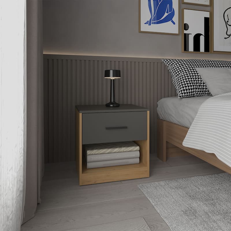 Modern One Drawer Nightstand with Open Shelf, Natural Oak and Matt Gray Finish - Multi