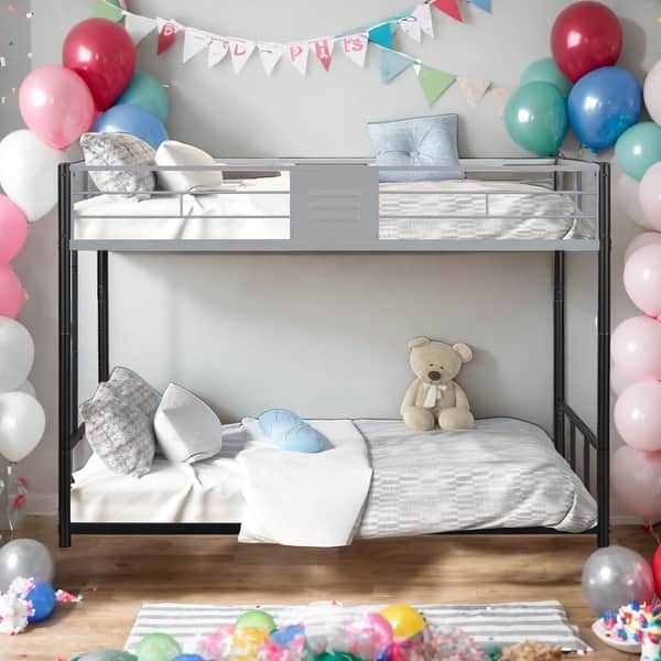 slide 2 of 14, Durable Twin Over Twin Separatable Metal Bunk Bed with Vent Board,Safety Guardrail Black