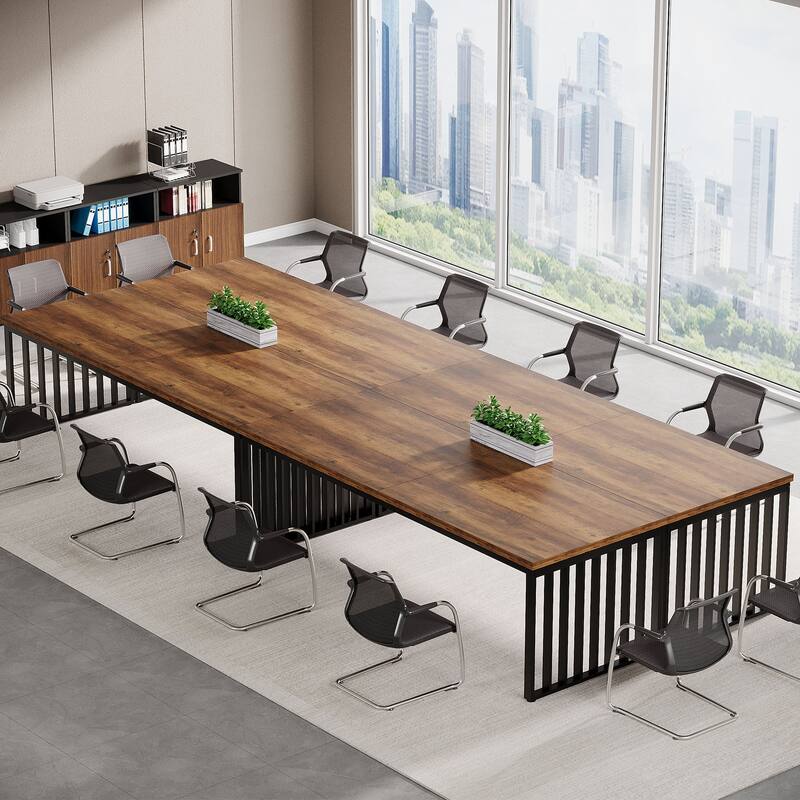 Small Conference Room Table for 4, Industiral Long Meeting Table - 2-pieces - 4PCS-Brown