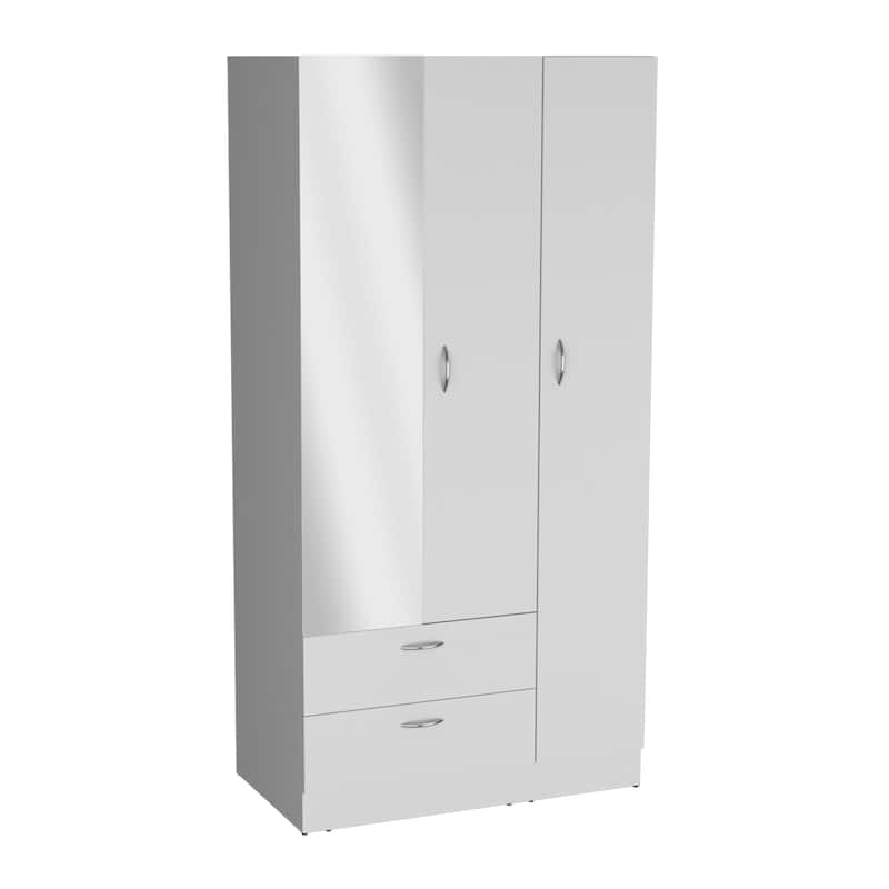Riverside 3 Door Mirrored Armoire with Two Drawers, Four Shelves - N/A