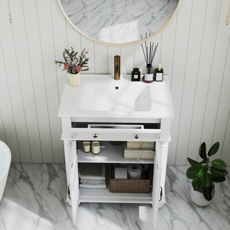 27.8-Inch Mid-Century Bathroom Vanity Sink with Roman Column Base, Farmhouse Freestanding Storage Cabinet