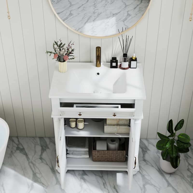 28"/36" Bathroom Vanity with Sink, Integrated Ceramic Basin Vanity Cabinet with Roman Column Base, Solid Wood Frame