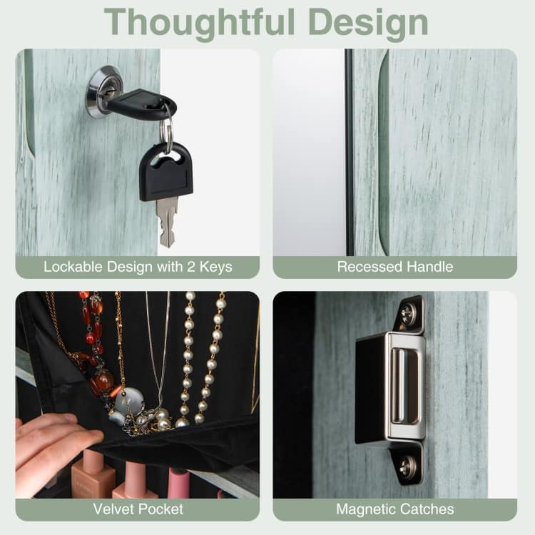 LED Lights Wall and Door Mounted Jewelry Storage Lockable Cabinet with Full Length Mirror - 14" x 4" x 54.5" (L x W x H)