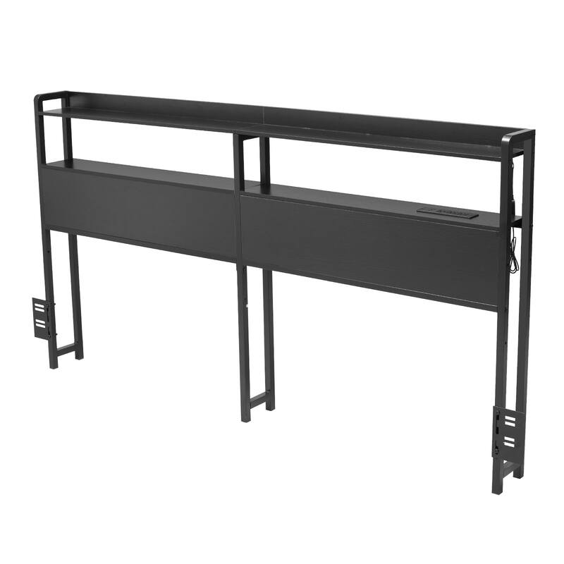 Black Carbon Steel Frame Headboard with LED Lights, Power Strips and Storage