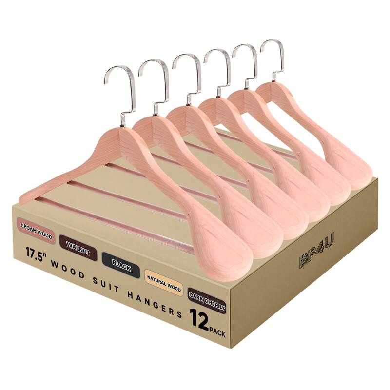BP4U Premium Wide Shoulder Wooden Suit Hangers, 17.5-Inch Heavy-Duty Solid Wood Coat Hangers for Men's Clothes - 12-Pack - Cedar Wood