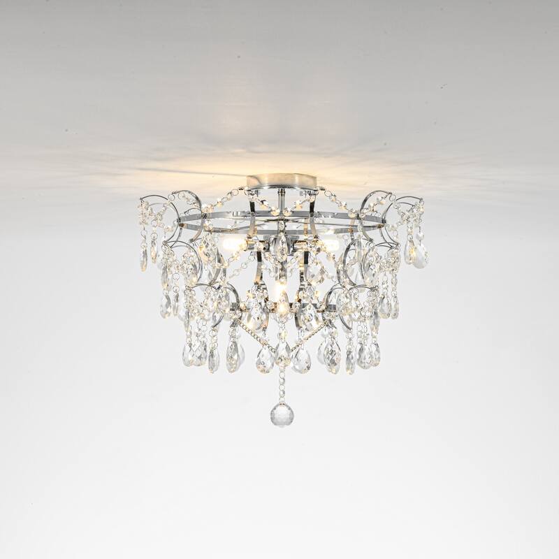 Elegant 4-Light Chrome Semi Flush Mount Ceiling Light with Clear Crystal Raindrop Accents for Living Room or Dining Room