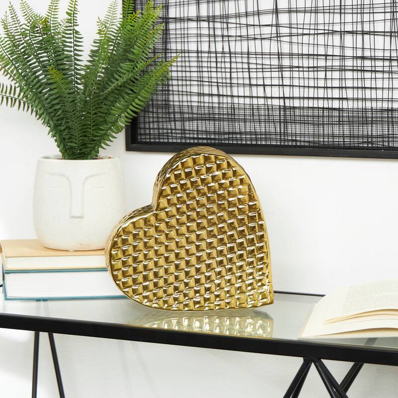 Gold or Silver Aluminum Metal Slanted Heart Sculpture with Dimensional Cube Textured Exterior - Gold