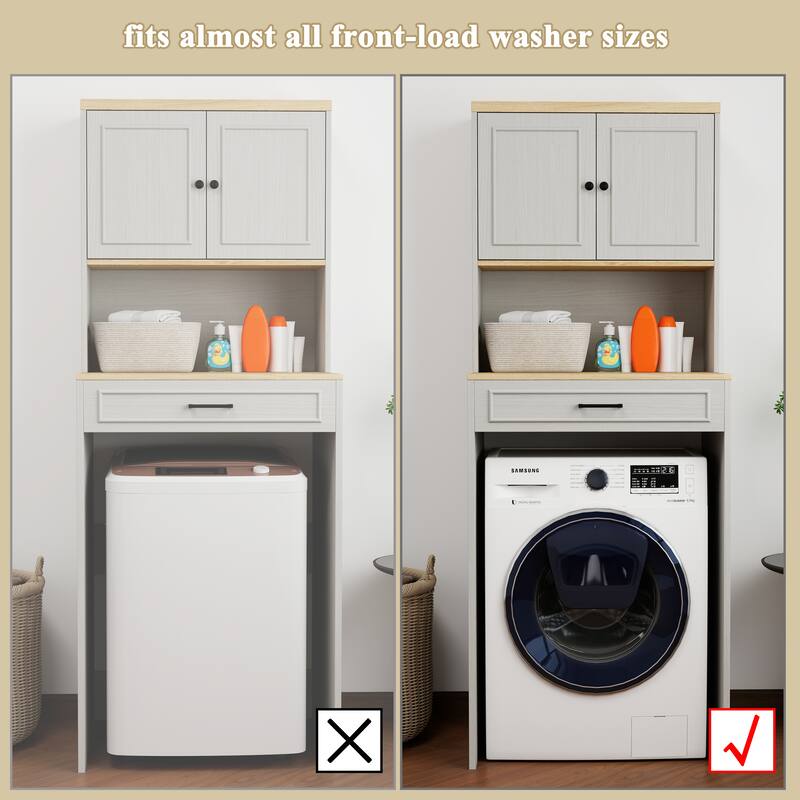 Over-the-Washer and Dryer Storage Cabinet with Adjustable Shelf, Fake Drawer Design, Laundry Room Organizer