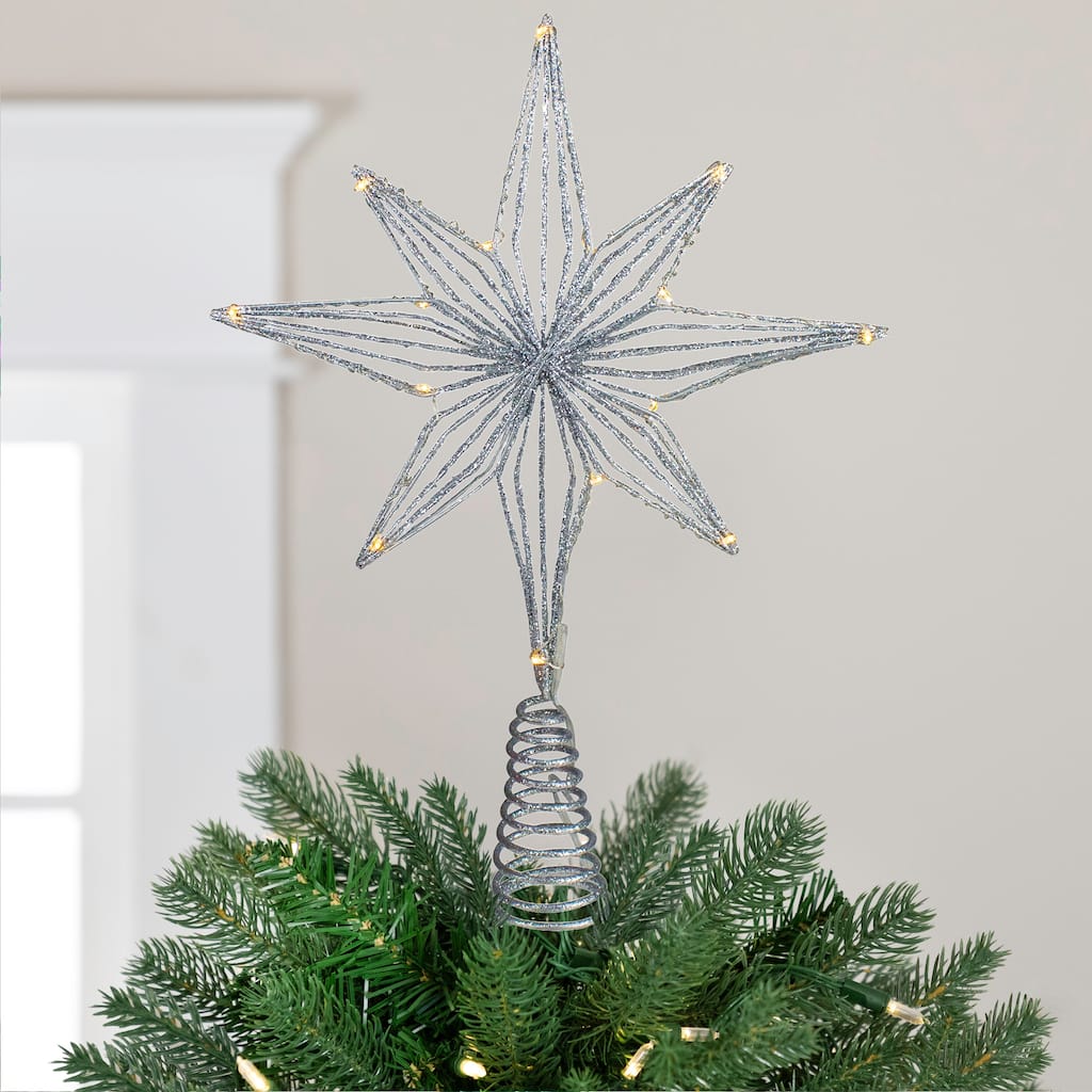 13.75" LED B/O Silver Glitter Star Christmas Tree Topper White Lights