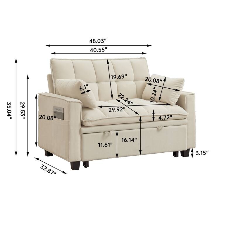 48.03" Pin Striped Fabric 3 in 1 Convertible 2 Seater Sleeper Sofa Bed