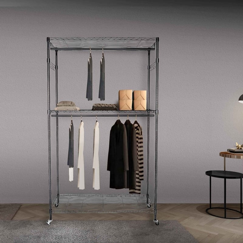 2-Tier Rod Closet Organizer Garment Rack Clothes Storage Hanger Shelf Hooks