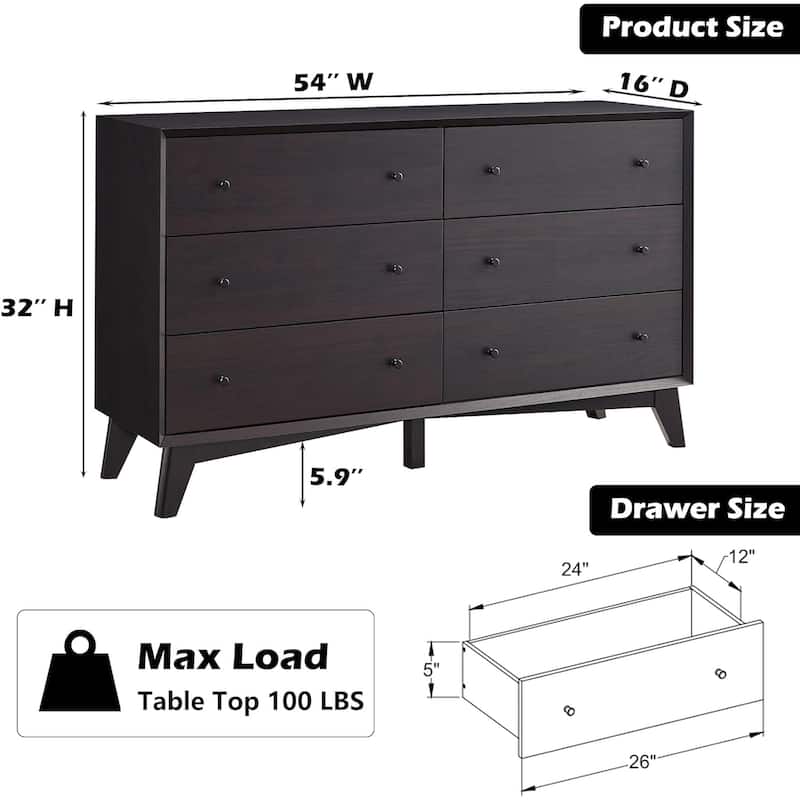 Mid Century Modern 6 Drawer Wood Dresser, Chest of Drawers, TV Stand