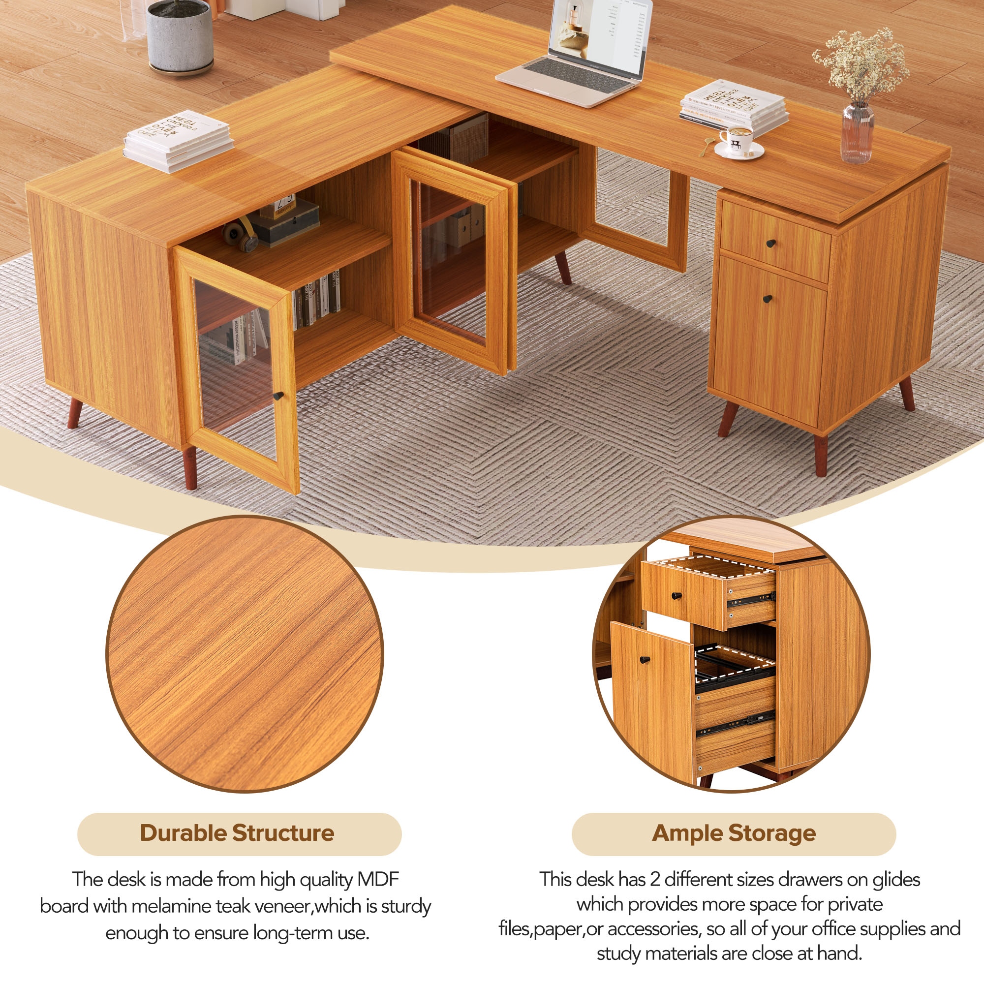 66.5 Modern Corner Desk with Glass Door Cabinet Storage Drawers and MDF Frame for Home Office Bed Bath Beyond 42323547