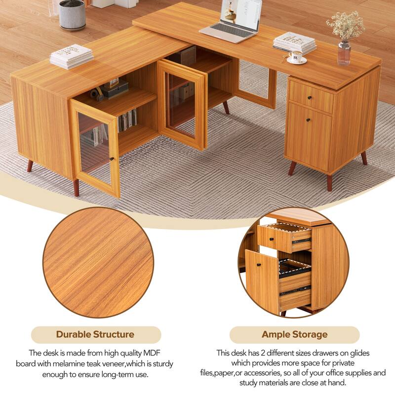 66.5" Large Office Desk with Drawers, Modern L-shaped Desk with Delicate Tempered Glass Cabinet Storage, Business Desk