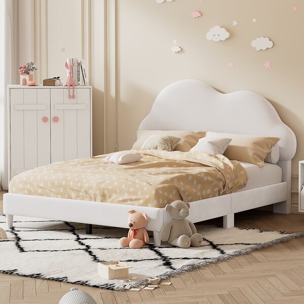 Fairytale Like Kids Bed Velvet Upholstered Bed Frame Platform Bed with Cloud Shape Headboard for Boys Girls Full Size Beige On Sale Bed Bath Beyond 39312172