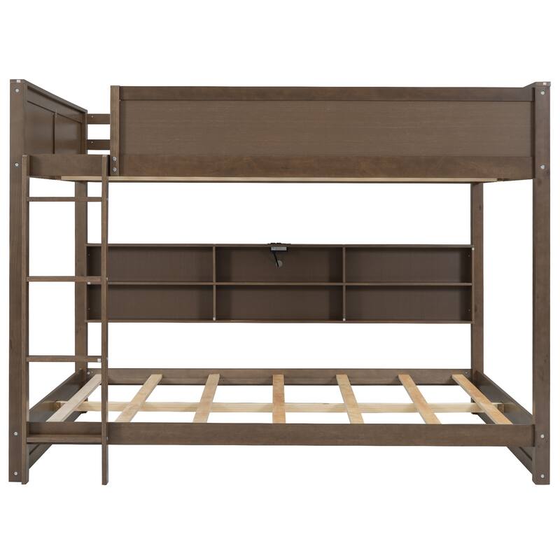Queen Over Queen Bunk with Built-in Charging Ports, Shelving & Guardrails, Wood Construction