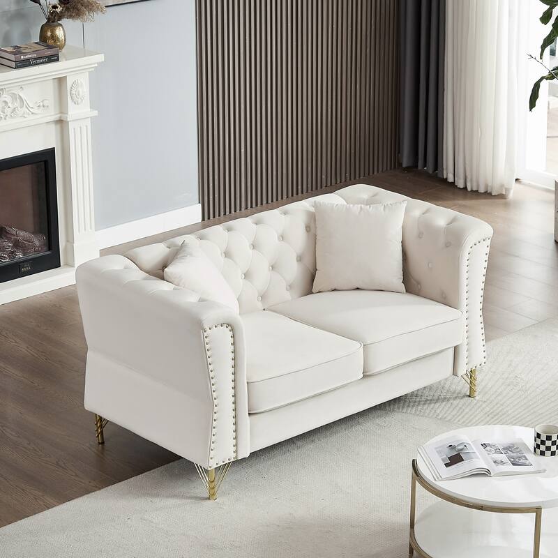 60.2" Chesterfield Velvet Sofa, 2-Seater Tufted Couch with Nailhead Trim and Metal Legs, Ideal for Living Room - Beige