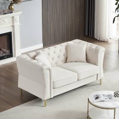 60.2"Chesterfield Sofa Velvet for Living Room,2 Seater Sofa Tufted Couch with Metal Foot and Nailhead for Living Room, Bedroom