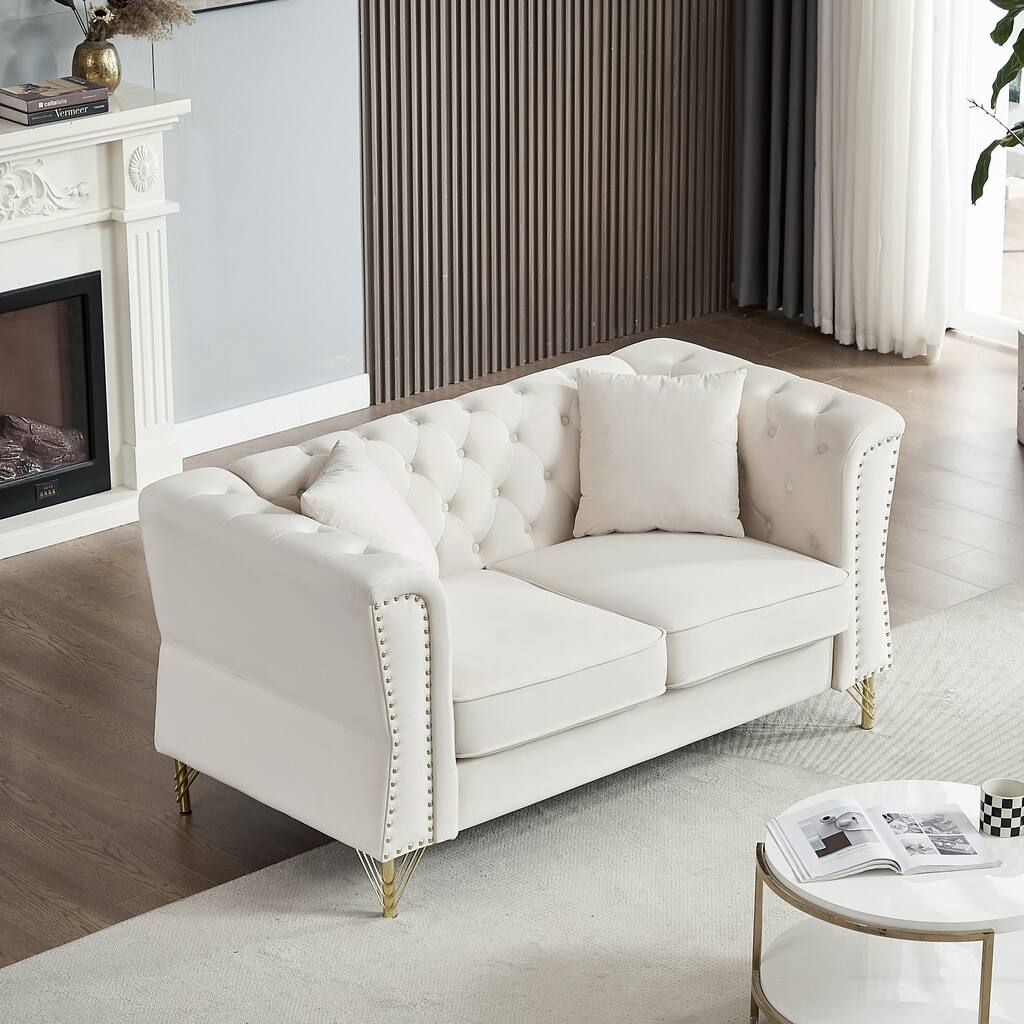 Beige 60.2'' Velvet 2 Seater Sofa Couch with Metal Feet, 2 Pillows, Nailhead Trim, Solid Wood Frame and Foam Padding