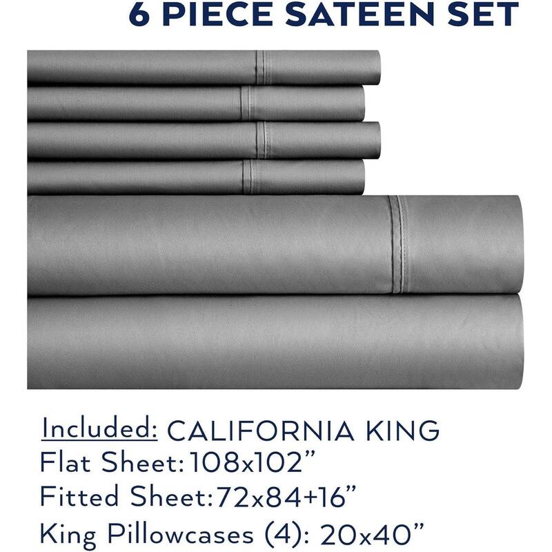 Thomasville 1500 Thread Count Dark Grey 6 Piece Premium Cotton Rich Sateen Sheet Set - California King