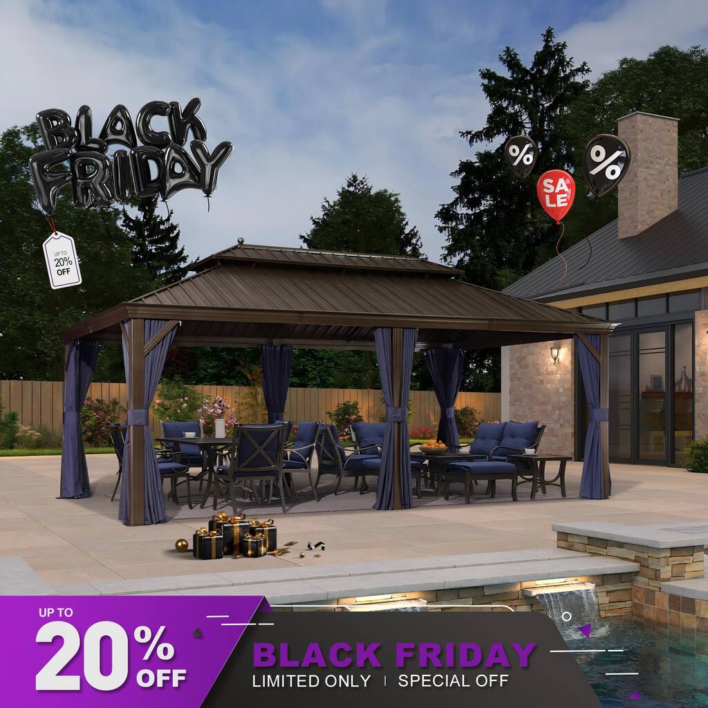 PURPLE LEAF Hardtop Aluminum Gazebo with Curtains and Netting, Double Roof Patio Gazebo