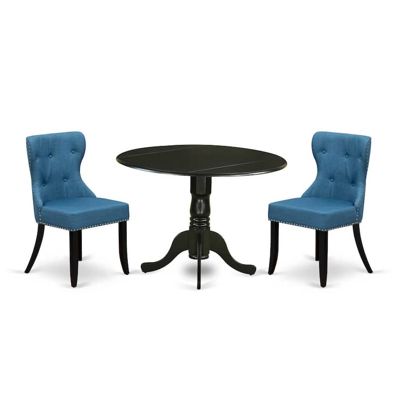 Nordic Dining Table Set for 2 - Modern Round Pedestal Table & Linen Fabric Chairs - Mineral Blue & Black