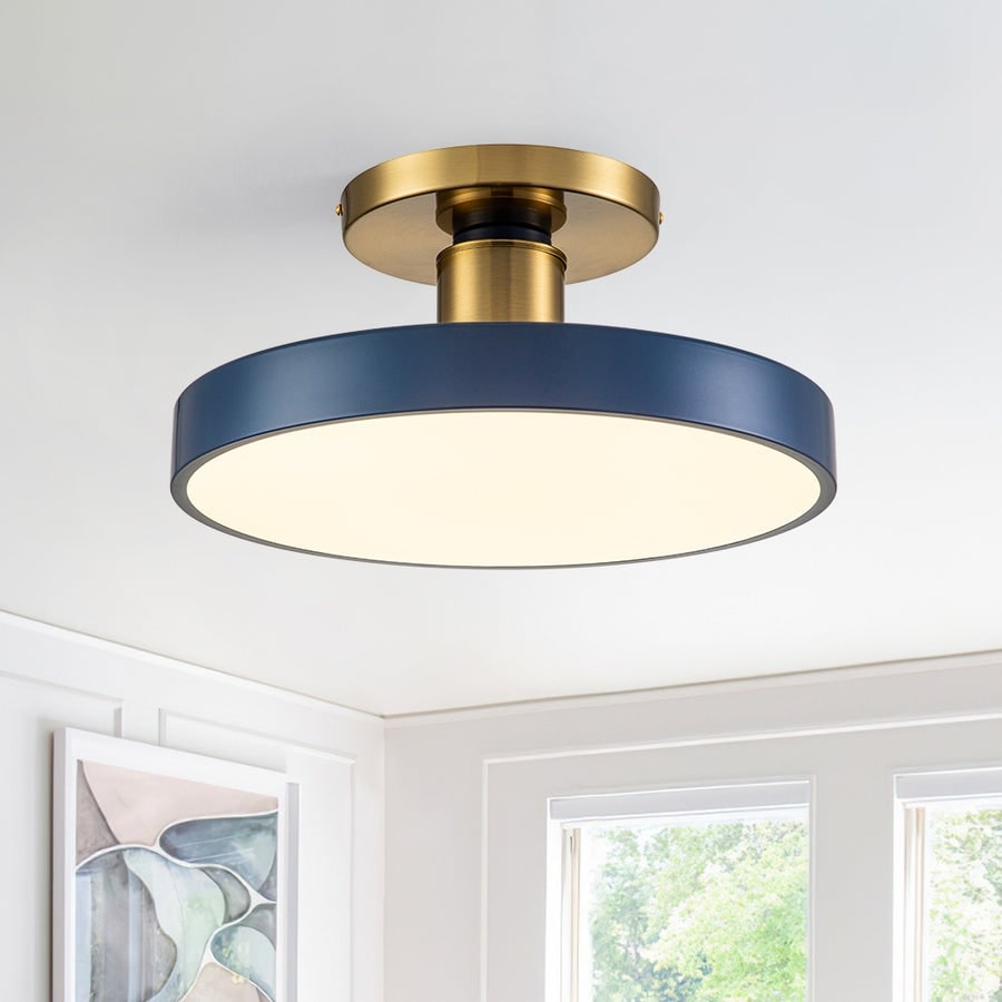 Modern Brass Blue Round LED Semi Flush Ceiling Light 15.7in