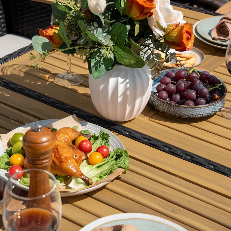 Patio Dining Table, Acacia Wood Top, PE Rattan-Wrapped Metal Frame, Black