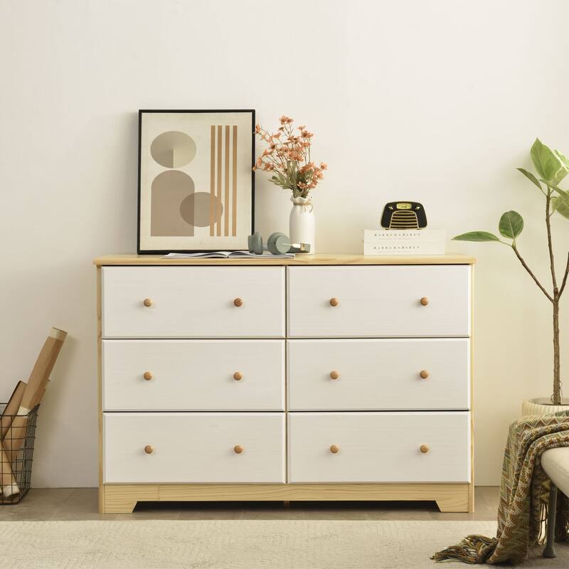 Solid Pine Wood 6-Drawer Double Dresser in Natural and White Finish with Smooth Glide Drawers and Modern Look