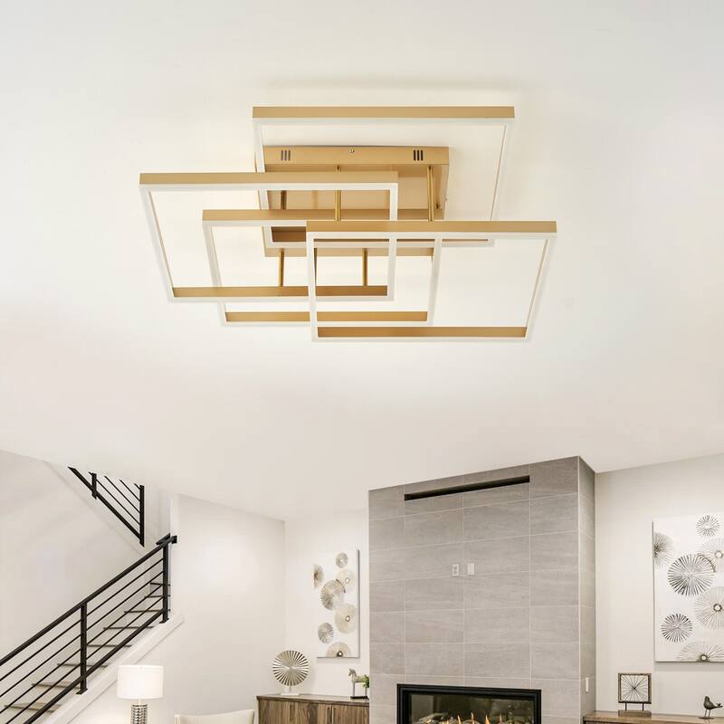 Modern Gold 4-Rectangle Dimmable LED Semi Flush Mount Ceiling Light Fixture