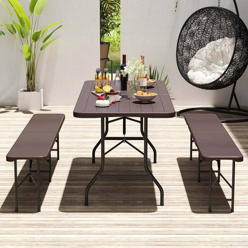 Costway 3 PCS Folding Picnic Table Set with 6 ft Table & 2 Benches - See Details - Brown