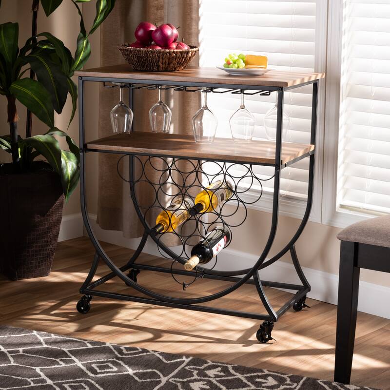 Dania Antique Vintage Industrial Metal and Wood Mobile Wine Bar Cart