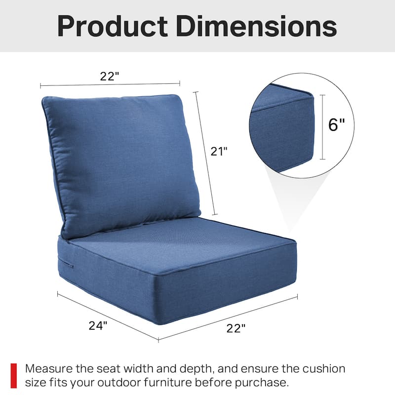 22" W x 24" D x 6" T Water & Fade Resistant Outdoor Lounge Chair Replacement Cushion Set