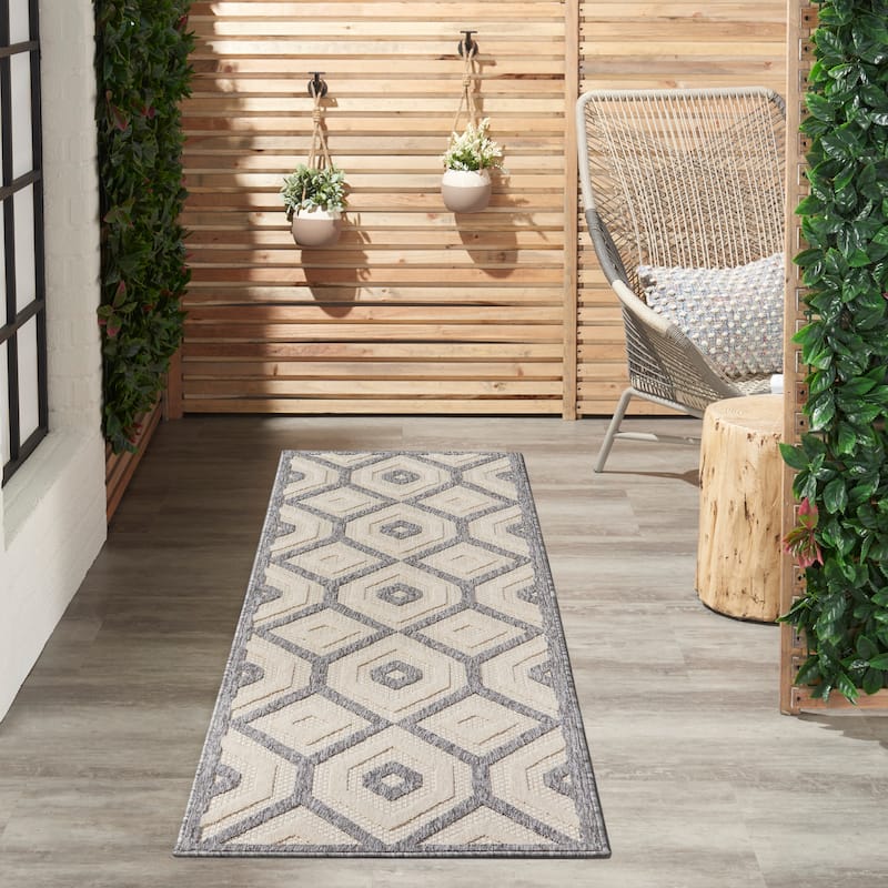 Nourison Palamos Modern Textured Geometric Indoor Outdoor Area Rug - 2'2" x 7'6" Runner - Cream