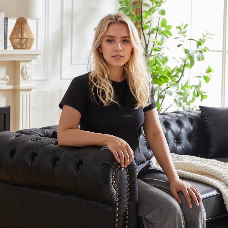 85.5" Tech Fabric Sofa with Rolled Arms and Button Tufted Design