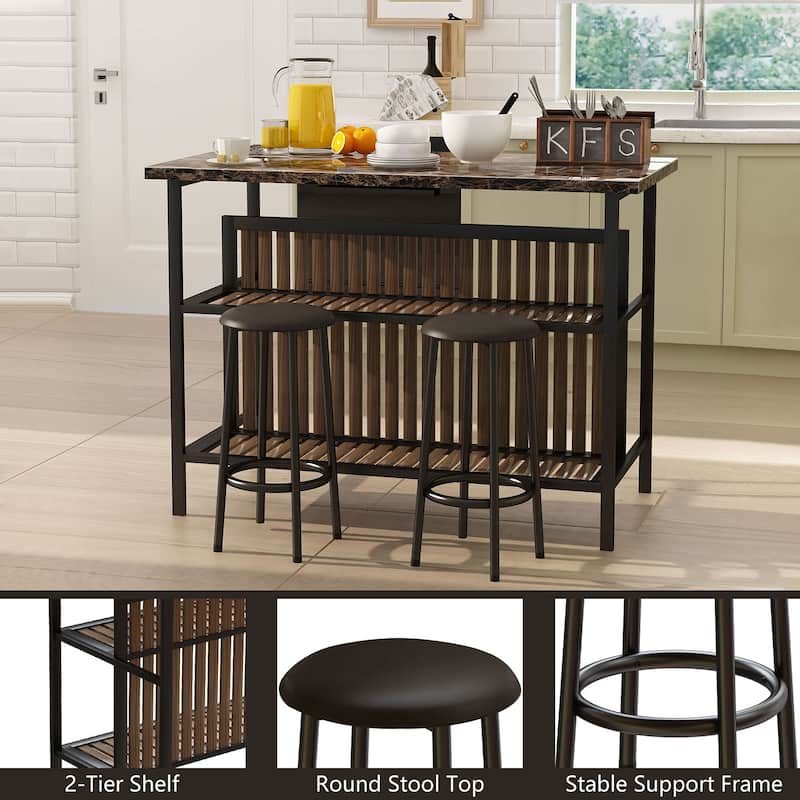 Grondin Mid-Century Modern 3-Piece Faux Marble Top Kitchen Island Set with 2 Stools and Shelves