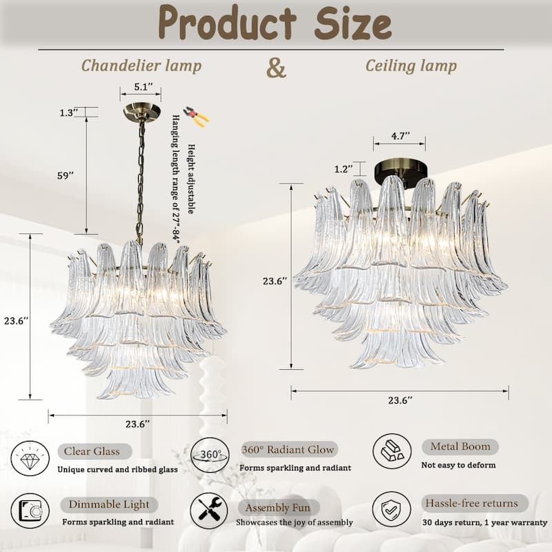 24'' Wide Vintage Mid-Century Modern Flush Mount 4-Light 4-Tier Clear Art Glass Pendant With Antique Bronze Finish - W24''