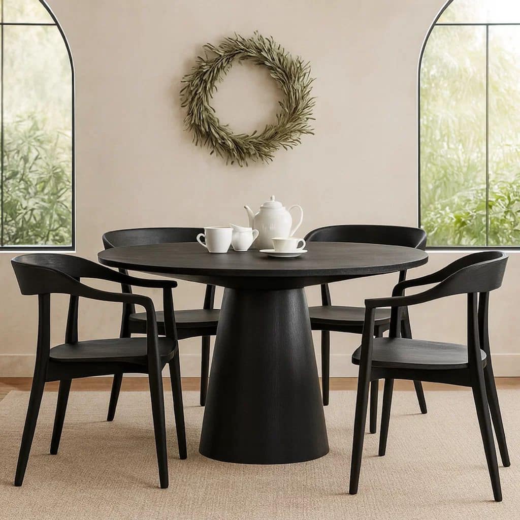 Kiy 59 Inch Round Dining Table with Pedestal Base, Modern, Ebony Black Wood