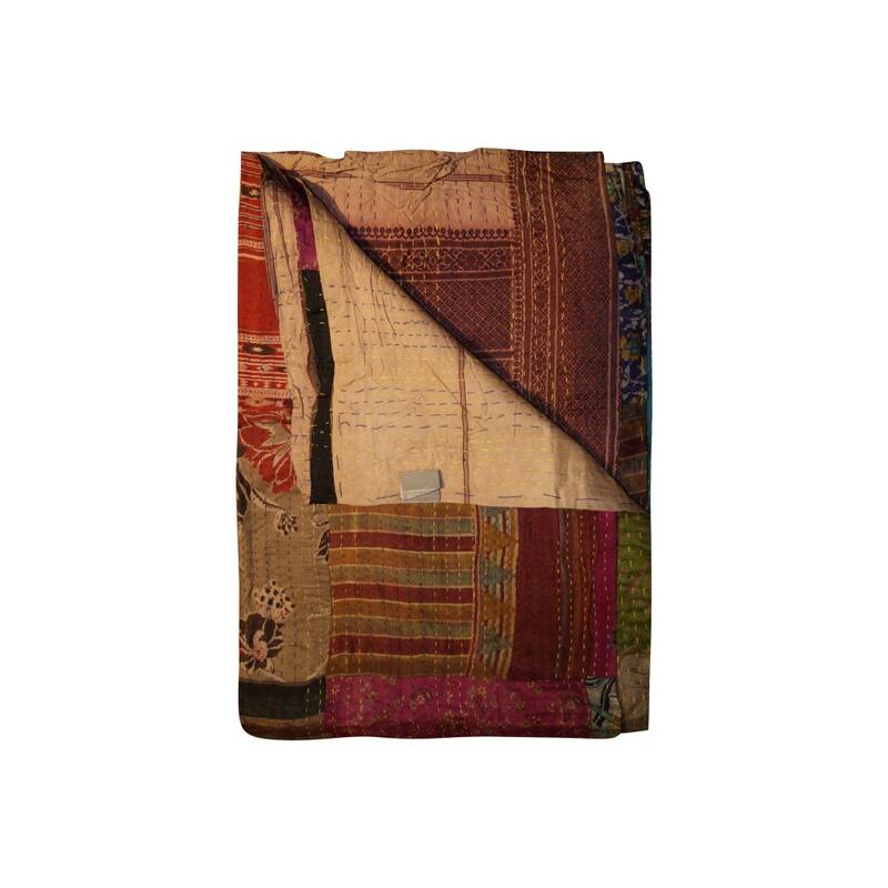 HomeRoots 50" X 70" Burgundy and Brown Quilted Cotton Patchwork Throw Blanket with Embroidery